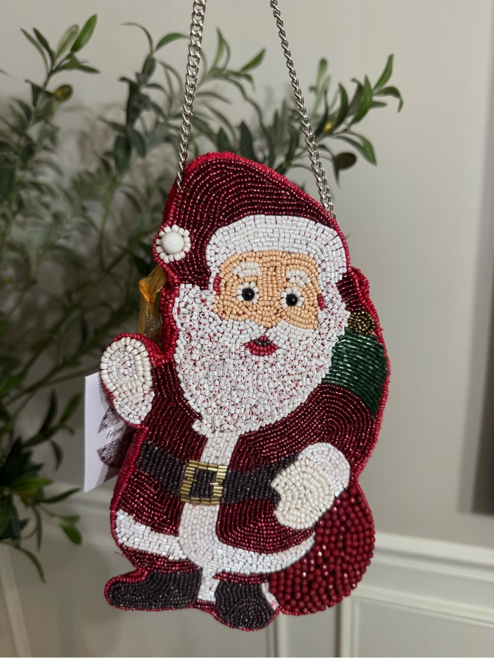Made in India Red beaded Santa purse with silver chain strap